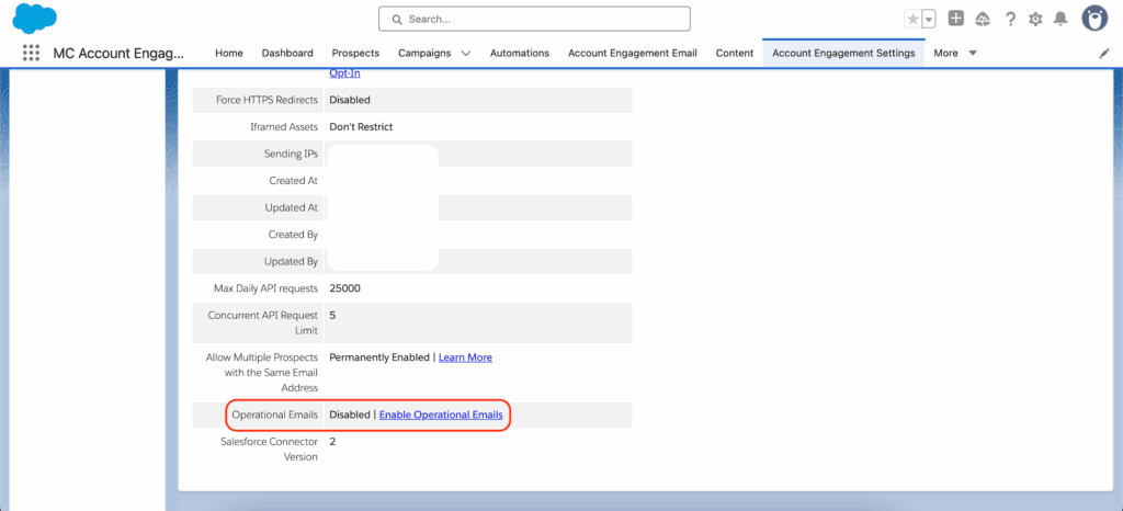 Salesforce Pardot Account Engagement settings page showing operational emails configuration
