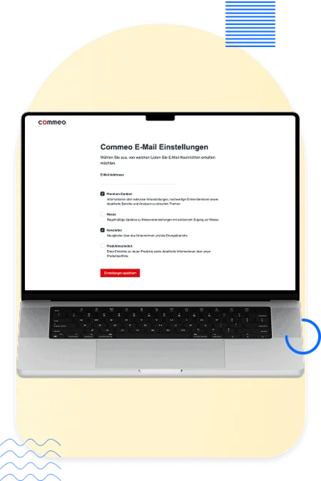 Laptop showing a Pardot Preference Center for the financial services industry
