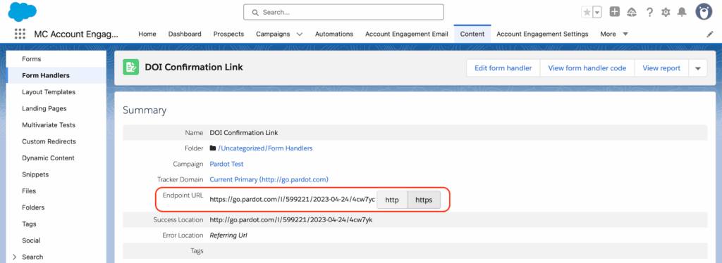 A Pardot form handler with its endpoint URL highlighted