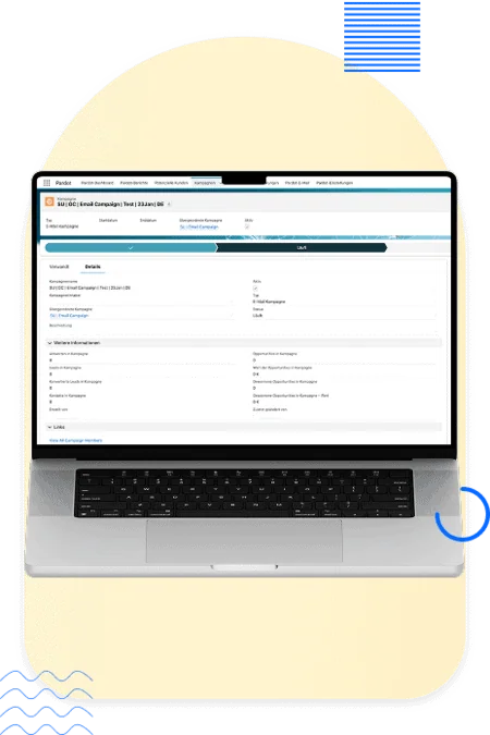 Pardot Email Campaign setup screen shown on a laptop, tailored for manufacturing