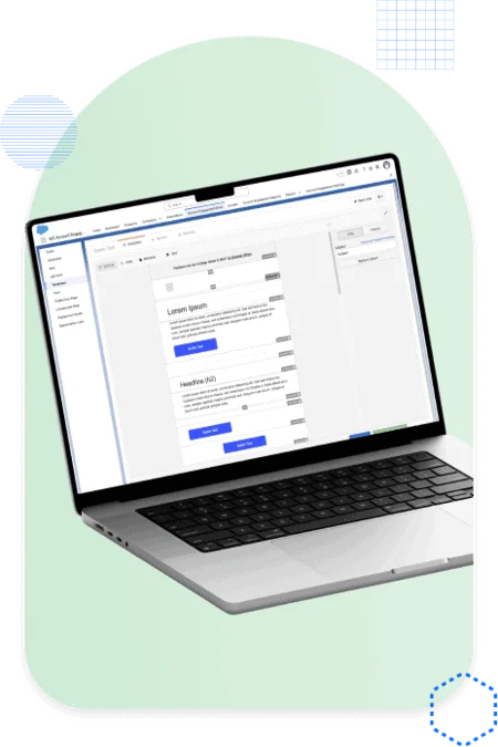 Laptop displaying Pardot Email Builder interface for a manufacturing campaign