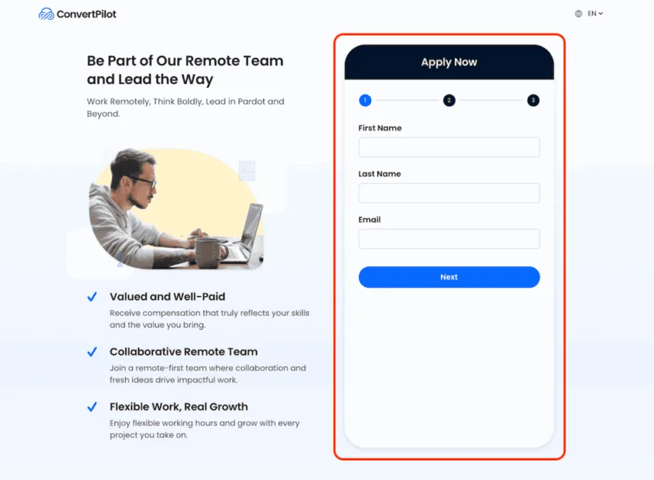 A multi-step application form: first name, last name and email on step 1 of 3