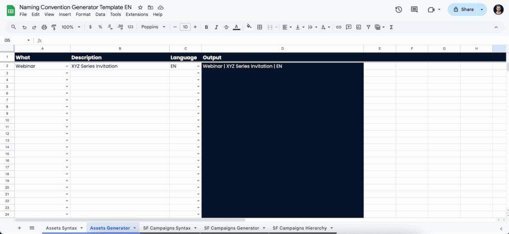 A naming convention generator in Google Sheets building the name “Webinar | XYZ Series Invitation | EN”