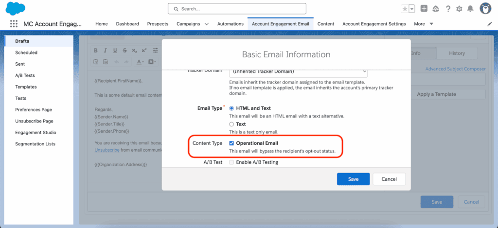 The Operational Email option in a Pardot email, which bypasses the recipient’s opt-out status