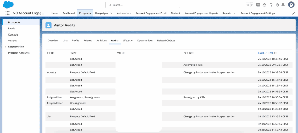 The Audits tab of a prospect in Account Engagement, listing field changes, list additions and assignments with their source and time
