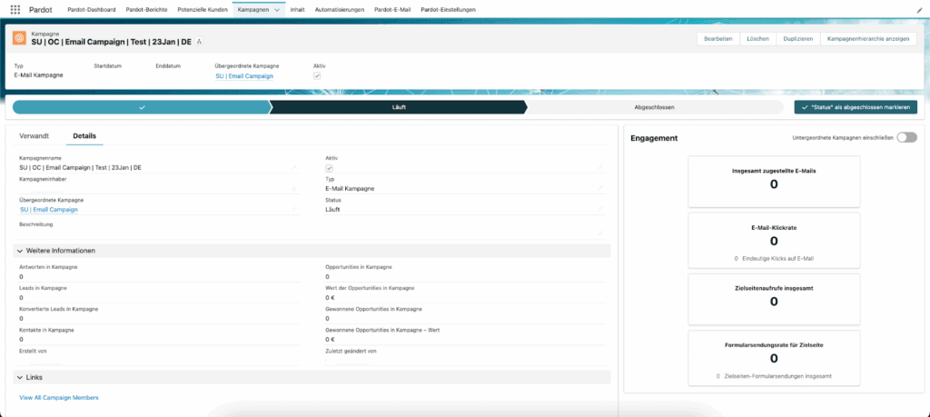 Ein Salesforce-Kampagnendatensatz mit Engagement-Kennzahlen für E-Mails und Formulare