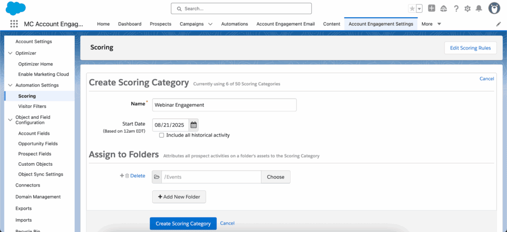 Creating the scoring category Webinar Engagement and assigning it to the Events folder