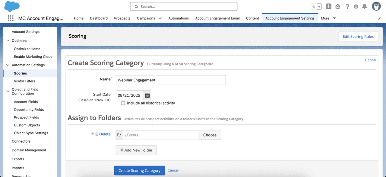 Account Engagement (Pardot): a scoring category assigned to a folder, with its own score per prospect