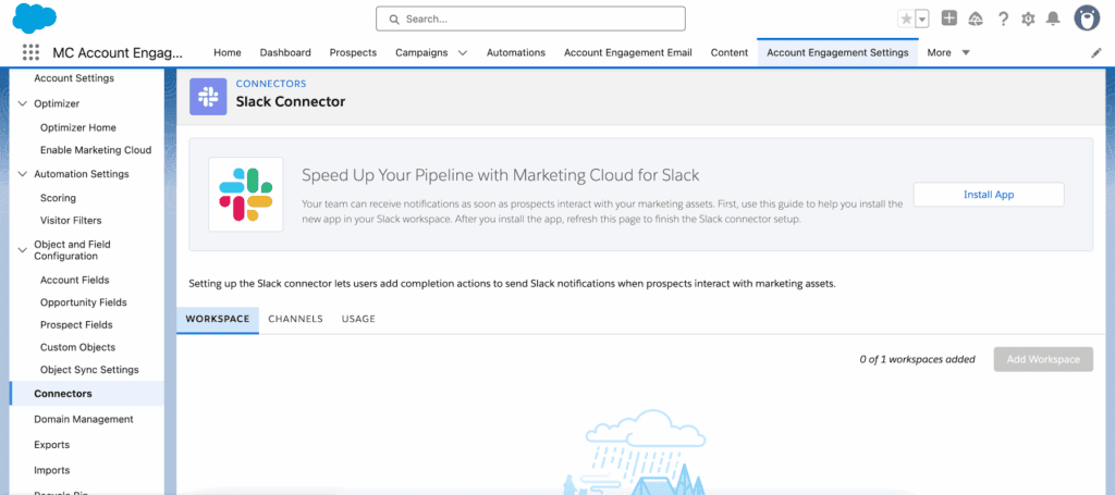 The Slack Connector page in Account Engagement Settings, with the button to install Marketing Cloud for Slack