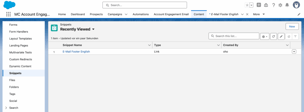 Pardot snippets list view showing E-Mail Footer English snippet in recently viewed items
