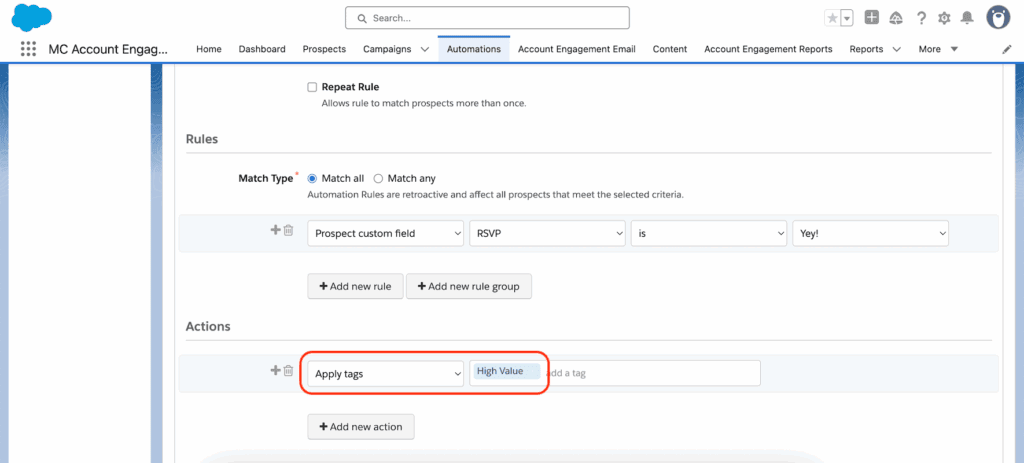 Pardot automation rule configuration showing RSVP field criteria and apply tags action with High Value tag