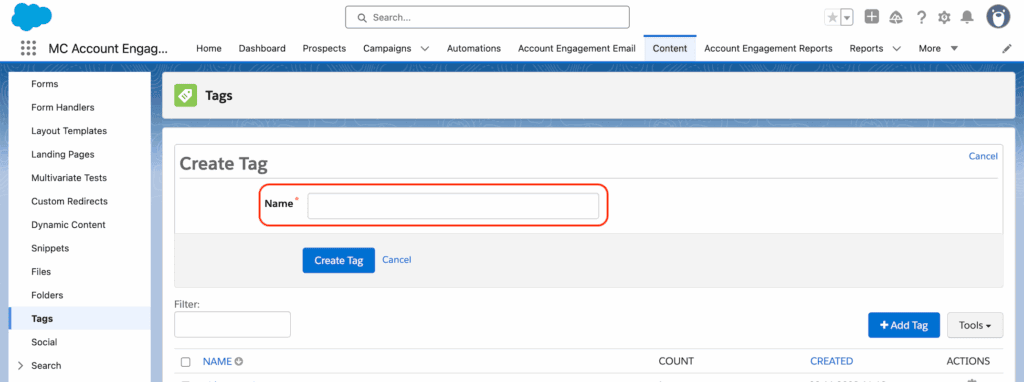 Pardot tags management interface showing create tag dialog with name field highlighted