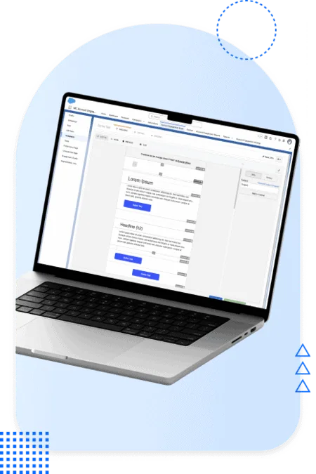 Email Template Builder in Pardot shown on a tilted laptop for the technology industry