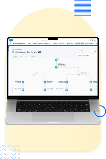 Pardot Engagement Studio journey shown on a laptop screen for the technology industry