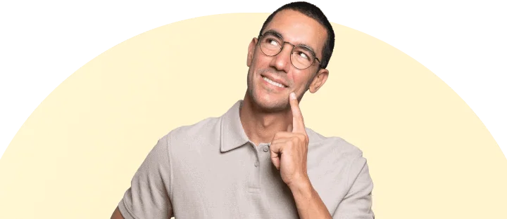 Man thinking about his use case and pointing up
