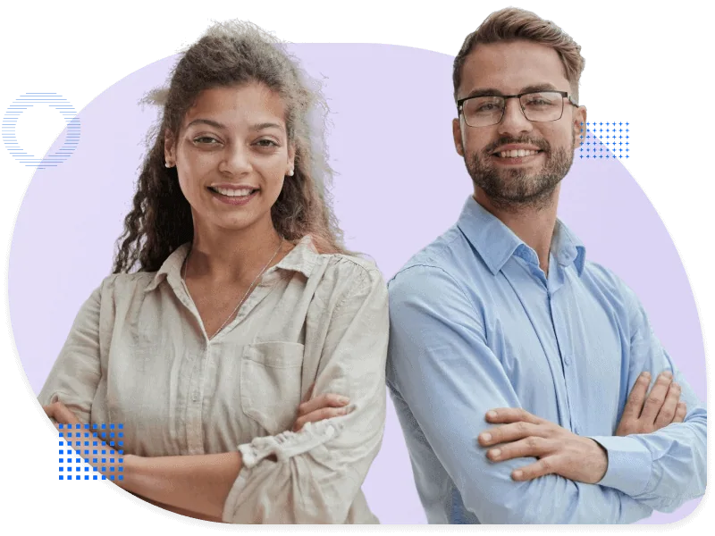 Confident woman and man standing side by side with arms crossed, representing trusted white-label partners for Pardot projects