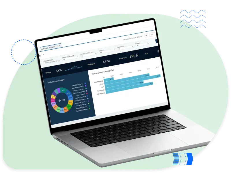 Laptop displaying a revenue attribution dashboard with a bar chart and campaign breakdown