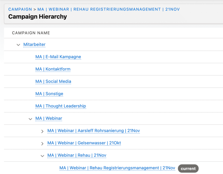 A Salesforce campaign hierarchy: a parent campaign with child campaigns for email, contact form, social media and webinars