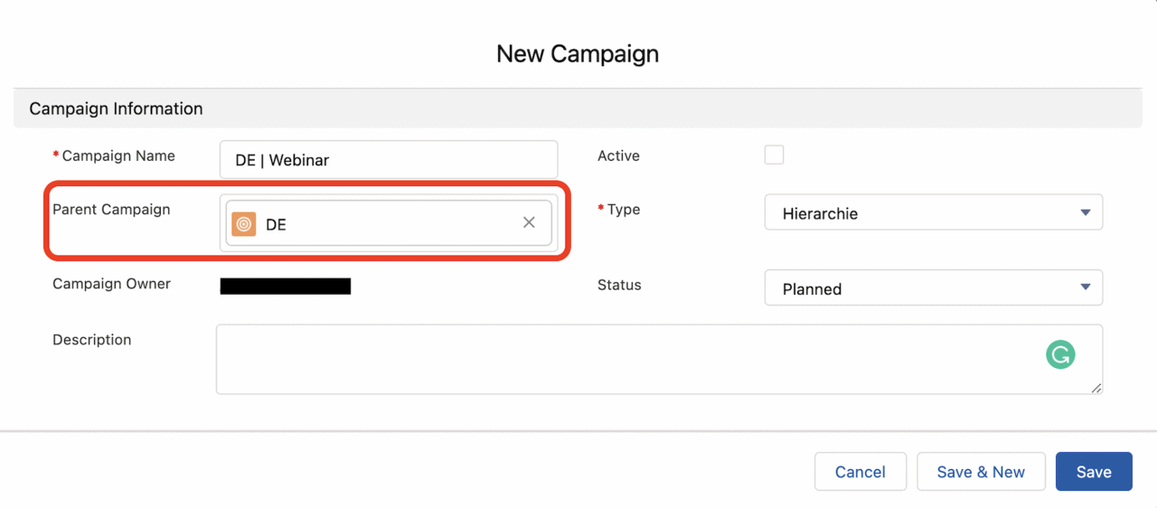 Salesforce new campaign creation form showing DE Webinar campaign with parent campaign field highlighted and hierarchy type selection