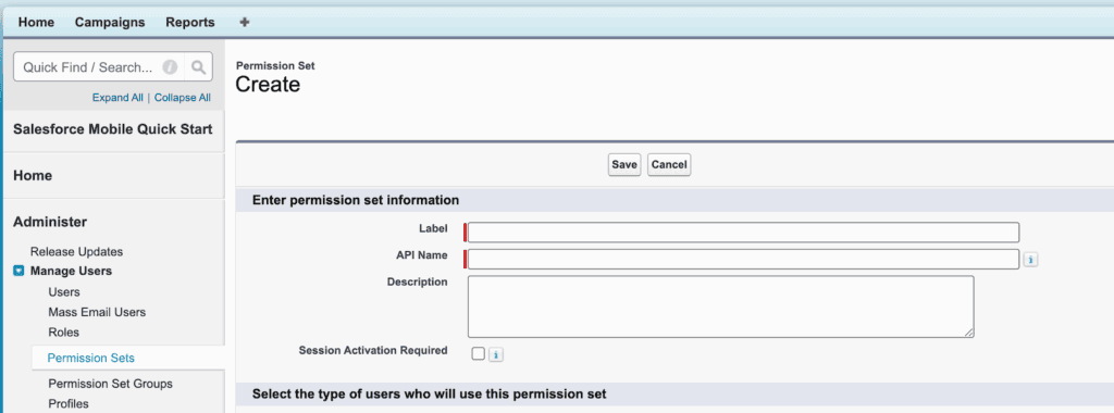 Creating a new permission set in Salesforce Setup
