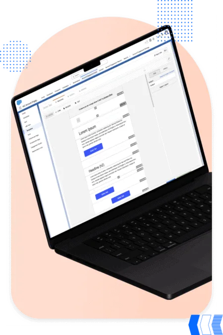 Laptop displaying the Pardot email editor with modular blocks