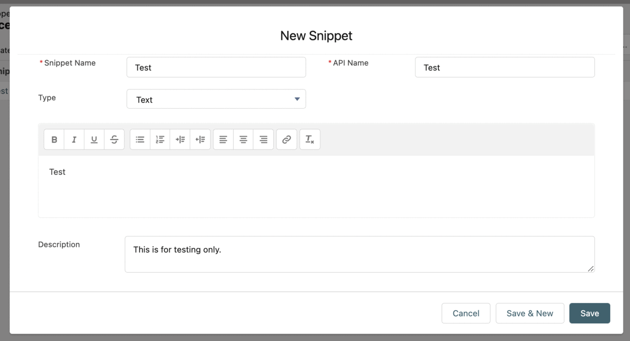 Pardot new snippet creation form with text editor and description field