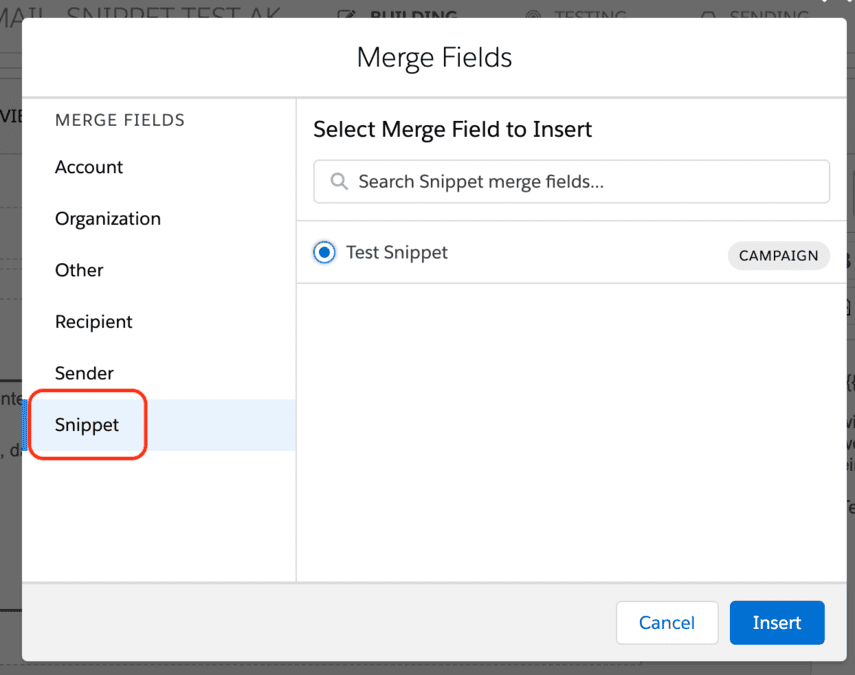 Pardot merge fields dialog showing snippet category selection with Test Snippet highlighted