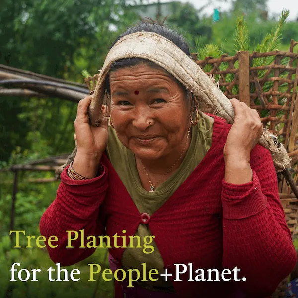 Portrait of smiling tree planter with "Tree Planting for the People+Planet" message