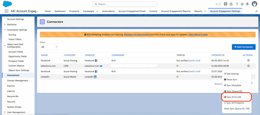 Der Salesforce-Connector in Account Engagement mit hervorgehobenem Menüpunkt Sync Errors