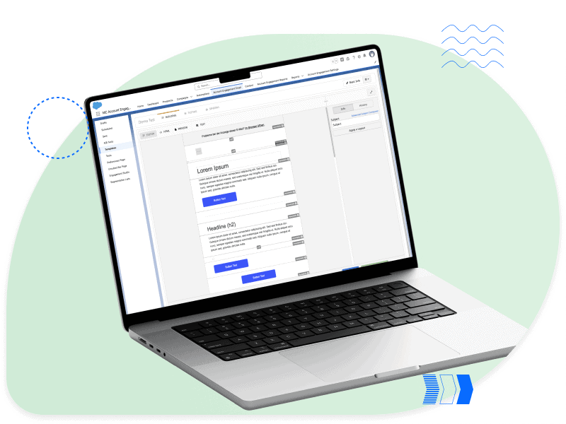Laptop showing a modular email template editor with reusable blocks