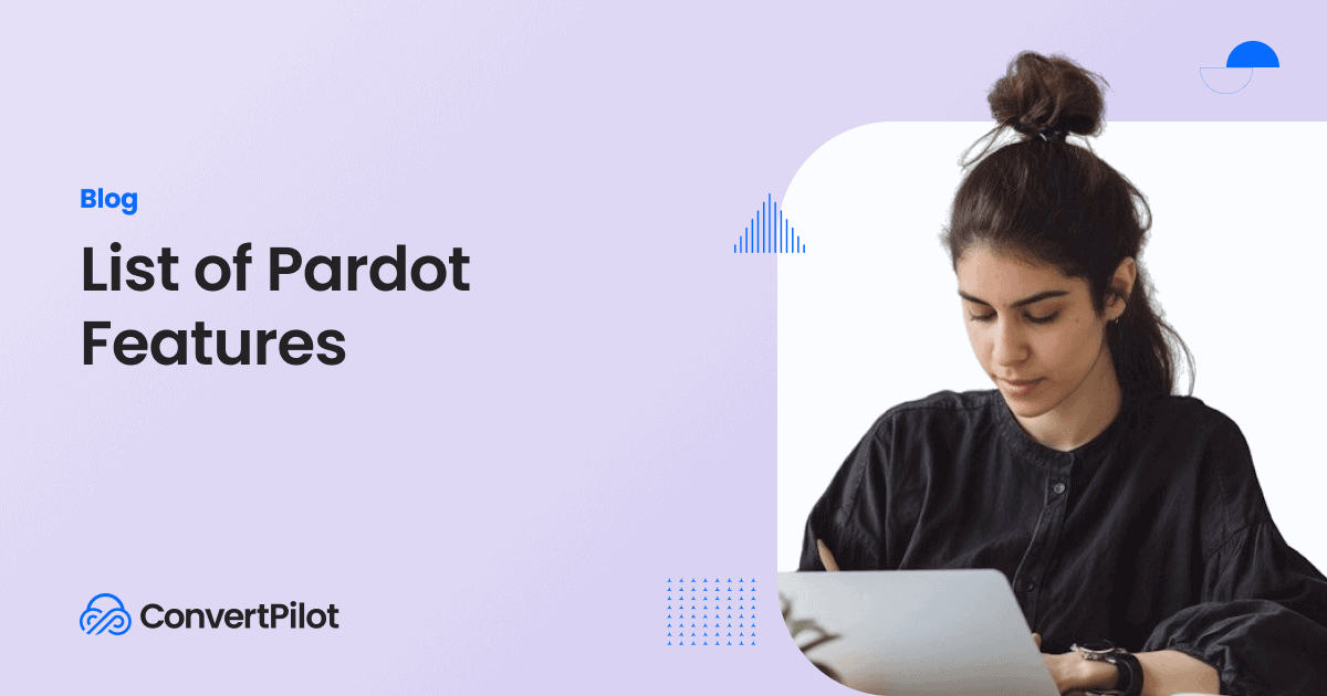 Woman in black shirt looking at laptop while reading about Pardot features