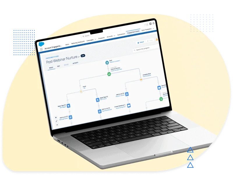 Laptop showing an Engagement Studio program for webinars