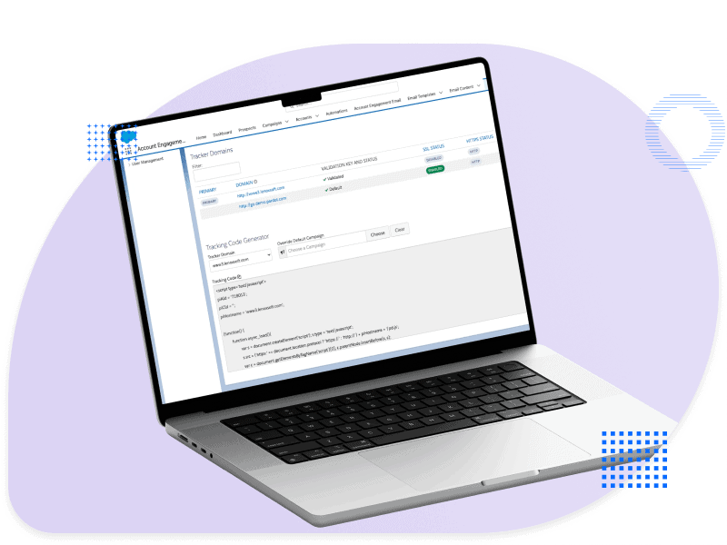 Laptop mit Einrichtung einer Tracking-Domain und Codeschnipsel